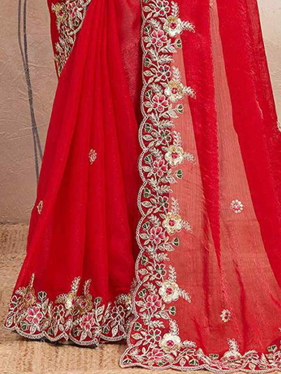 Red Soft Space Silk Embroidery Bridal Reception Festival Wedding Fancy Heavy Border Sarees