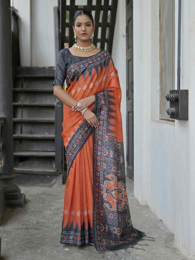 Image of Red Soft Tussar Silk Printed Traditional Bridal Reception Festival Wedding Fancy Heavy Border Saree