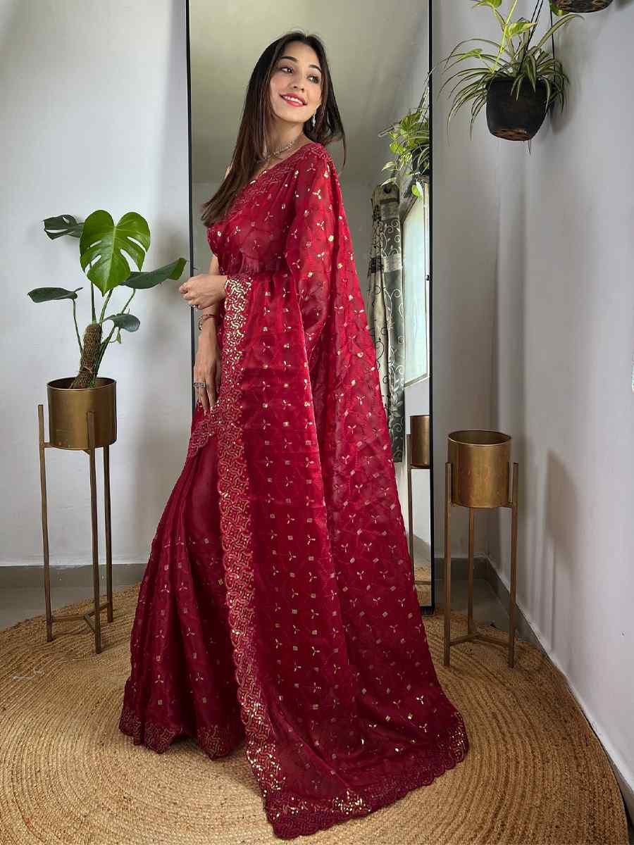 Red Soft Zimmy choo Silk Embroidery Traditional Bridal Reception Festival Wedding Fancy Heavy Border Saree