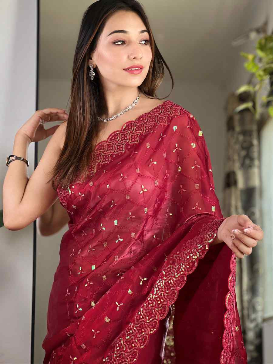Red Soft Zimmy choo Silk Embroidery Traditional Bridal Reception Festival Wedding Fancy Heavy Border Saree