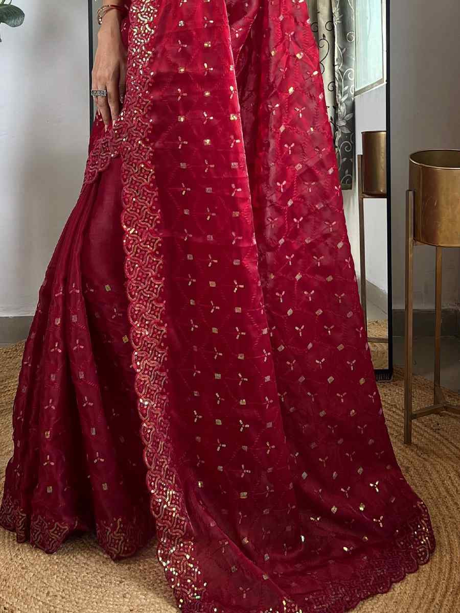 Red Soft Zimmy choo Silk Embroidery Traditional Bridal Reception Festival Wedding Fancy Heavy Border Saree