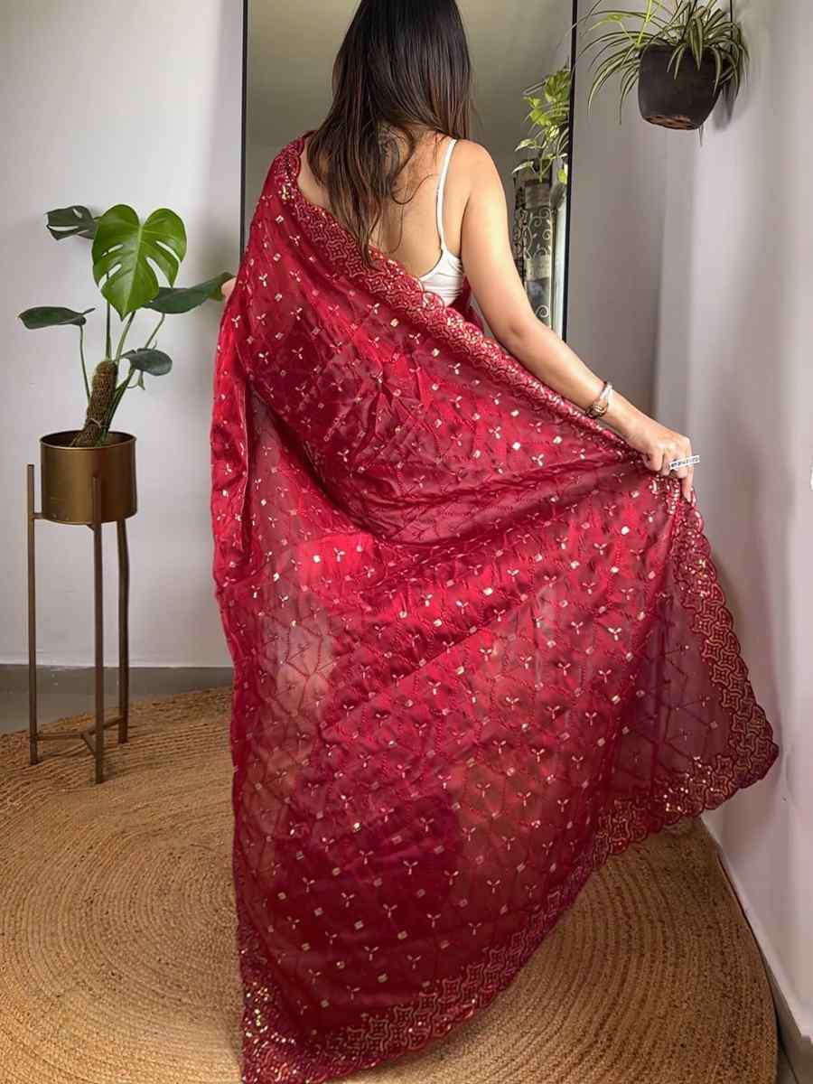 Red Soft Zimmy choo Silk Embroidery Traditional Bridal Reception Festival Wedding Fancy Heavy Border Saree
