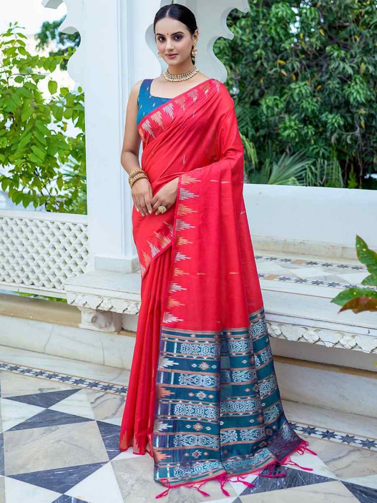 Red South Silk Handwoven Wedding Festival Heavy Border Saree