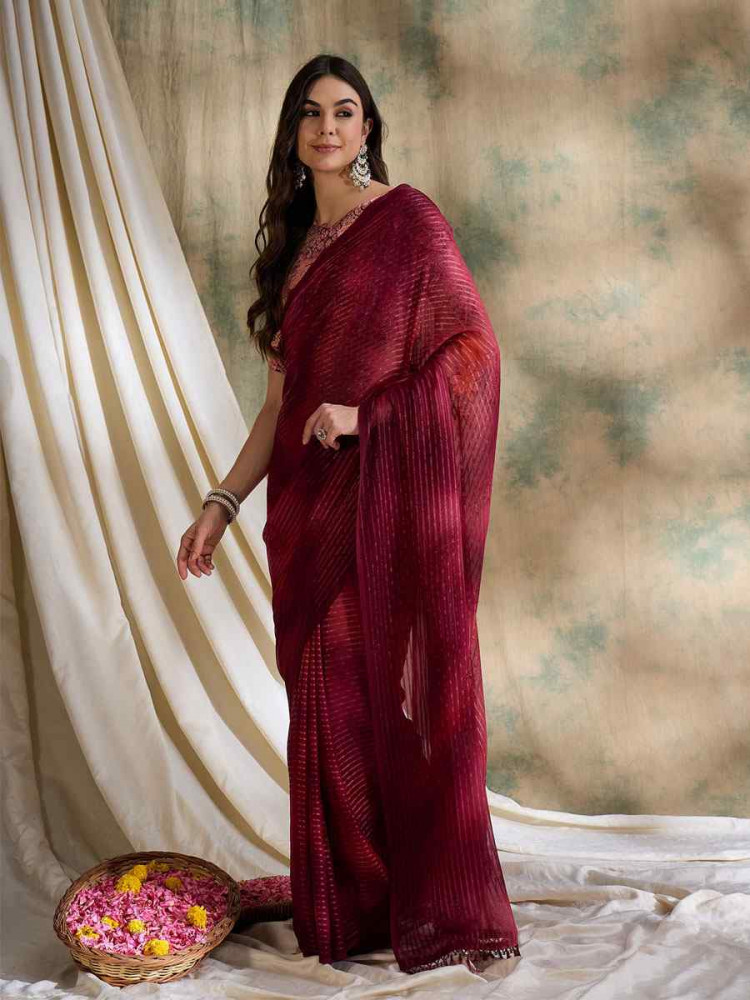 Image of Red Sparkle Lining Silk Printed Casual Reception Festival Wedding Fancy Classic Style Sarees