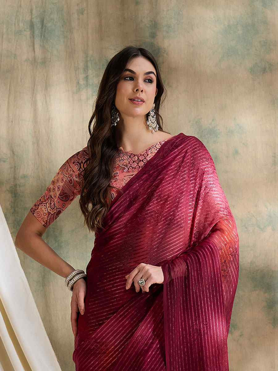 Red Sparkle Lining Silk Printed Casual Reception Festival Wedding Fancy Classic Style Sarees