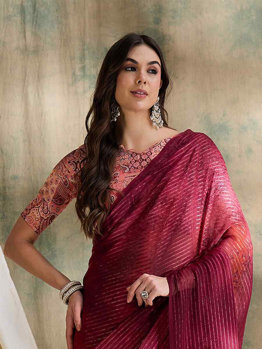 Red Sparkle Lining Silk Printed Casual Reception Festival Wedding Fancy Classic Style Sarees