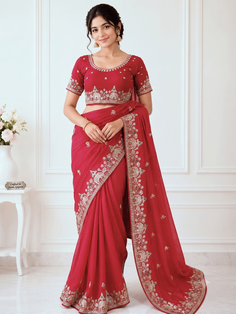 Image of Red Star Georgette Embroidery Wedding Reception Party Festival Casual Heavy Border Sarees