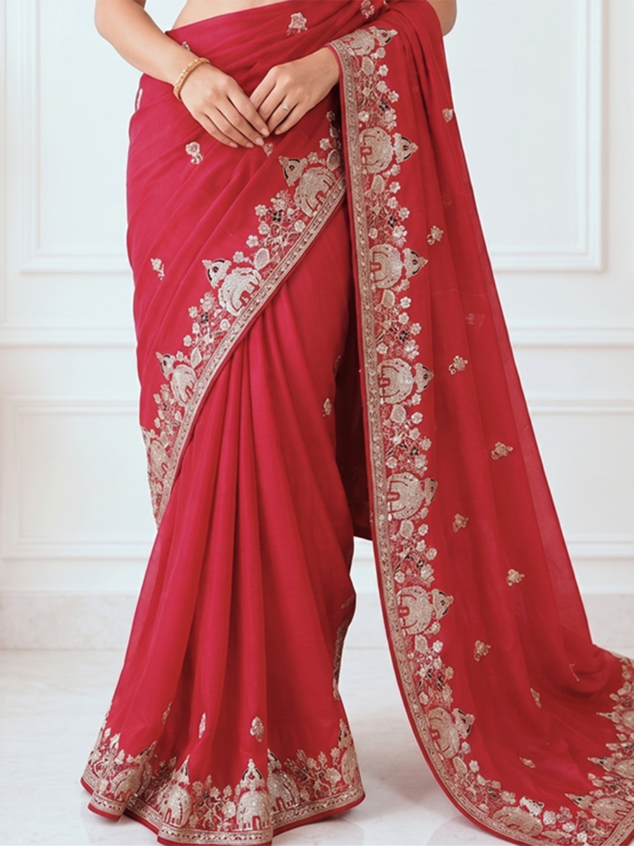 Red Star Georgette Embroidery Wedding Reception Party Festival Casual Heavy Border Sarees