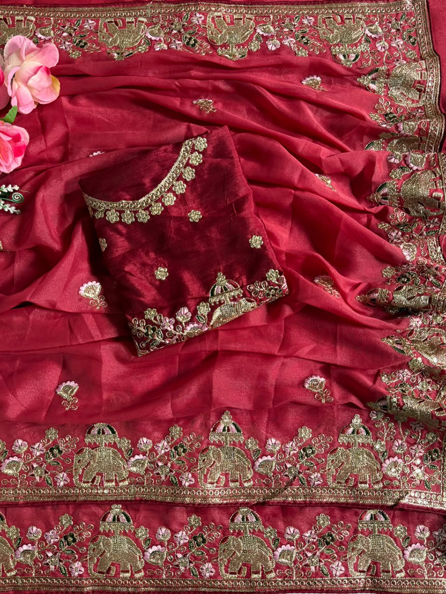 Red Star Georgette Embroidery Wedding Reception Party Festival Casual Heavy Border Sarees