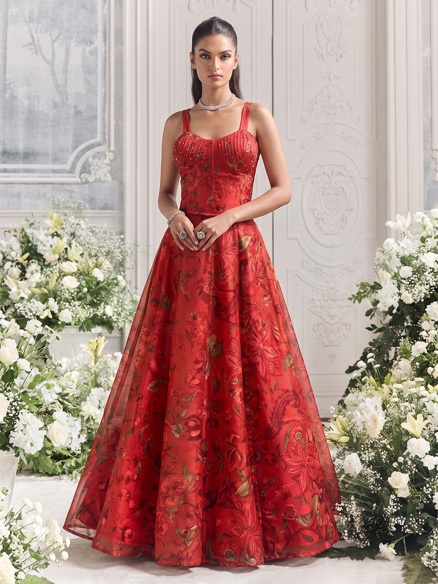 Red Tabby Organza Printed Wedding Reception Party Wear Festival Ready Contemporary Lehenga Choli