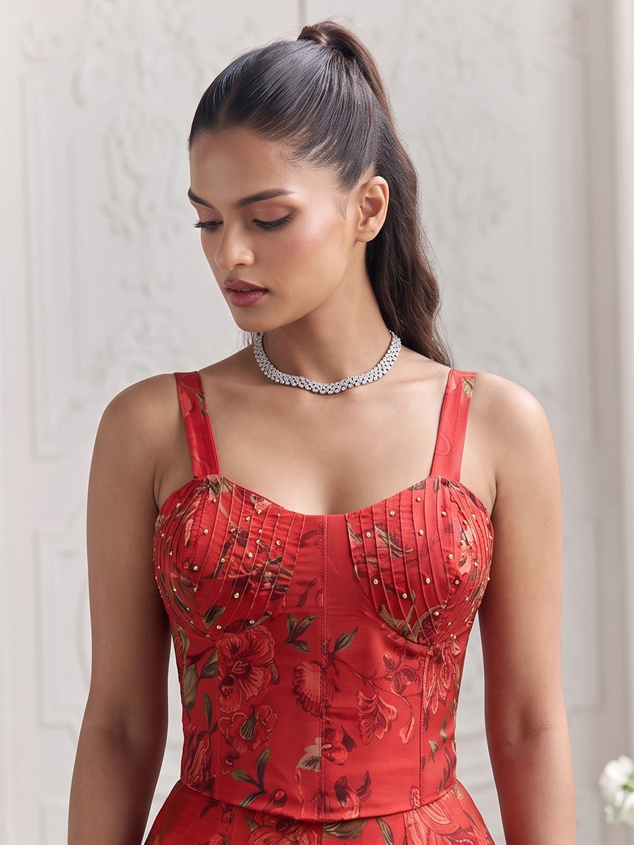 Red Tabby Organza Printed Wedding Reception Party Wear Festival Ready Contemporary Lehenga Choli