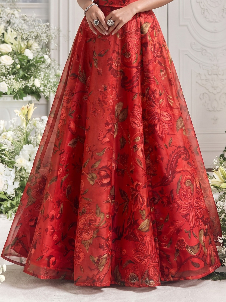 Red Tabby Organza Printed Wedding Reception Party Wear Festival Ready Contemporary Lehenga Choli