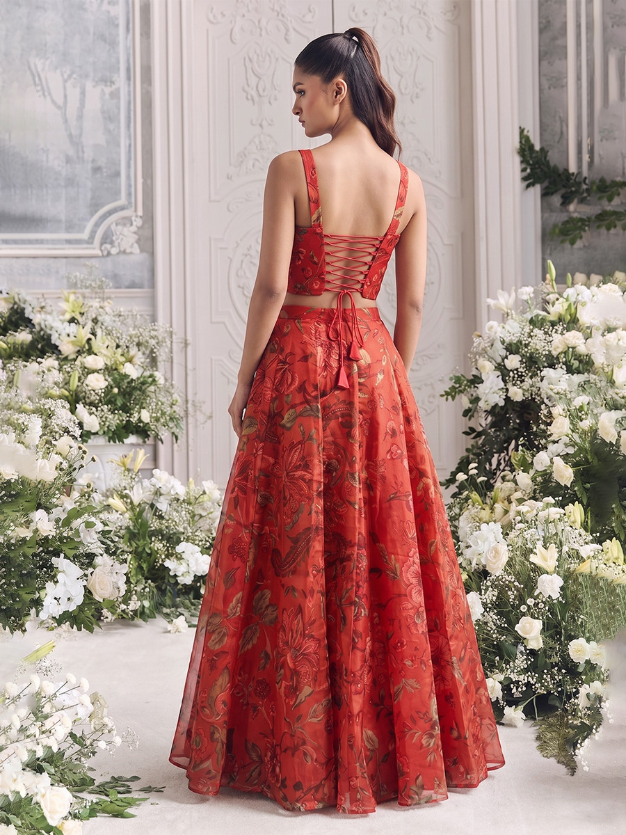 Red Tabby Organza Printed Wedding Reception Party Wear Festival Ready Contemporary Lehenga Choli