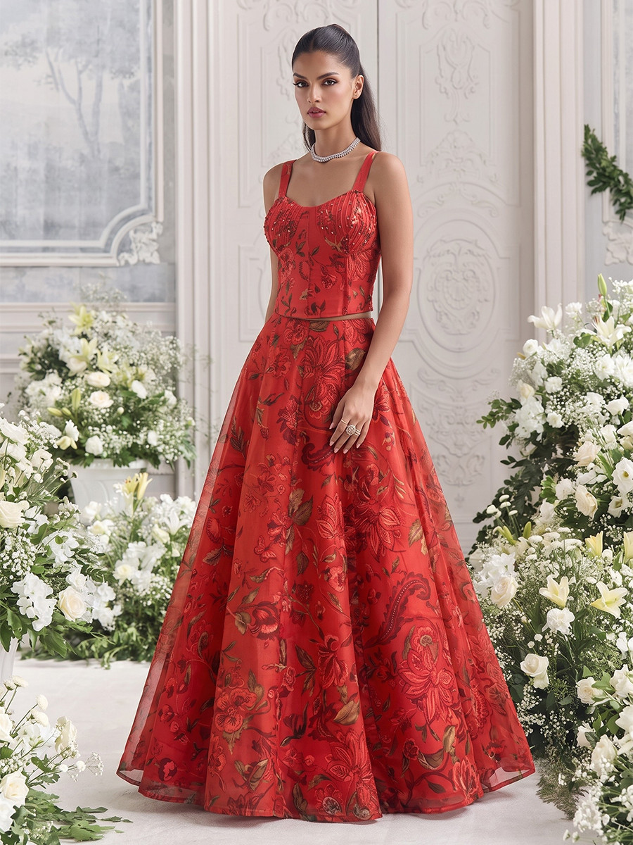 Red Tabby Organza Printed Wedding Reception Party Wear Festival Ready Contemporary Lehenga Choli
