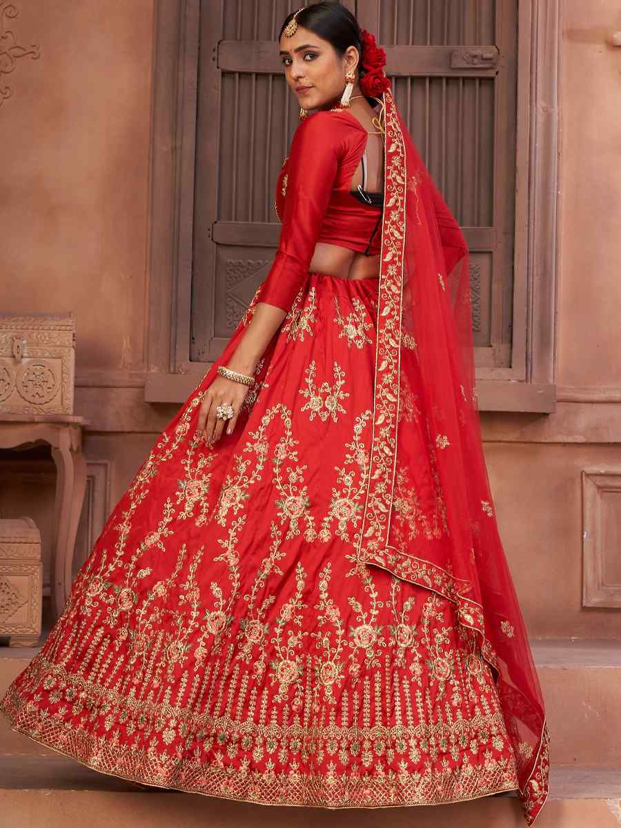 Red Taffeta Silk Embroidered Festival Party Wear Circular Lehenga Choli