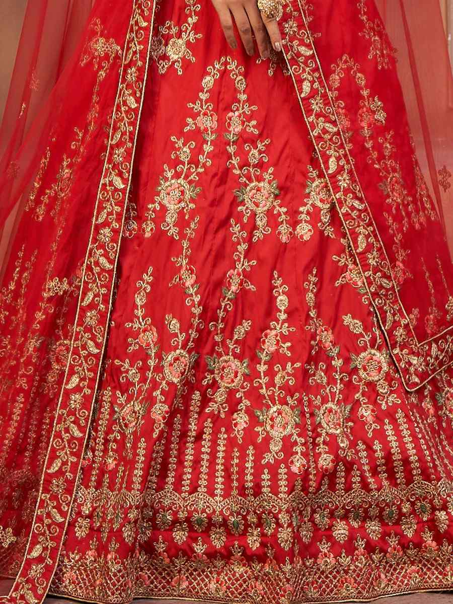 Red Taffeta Silk Embroidered Festival Party Wear Circular Lehenga Choli