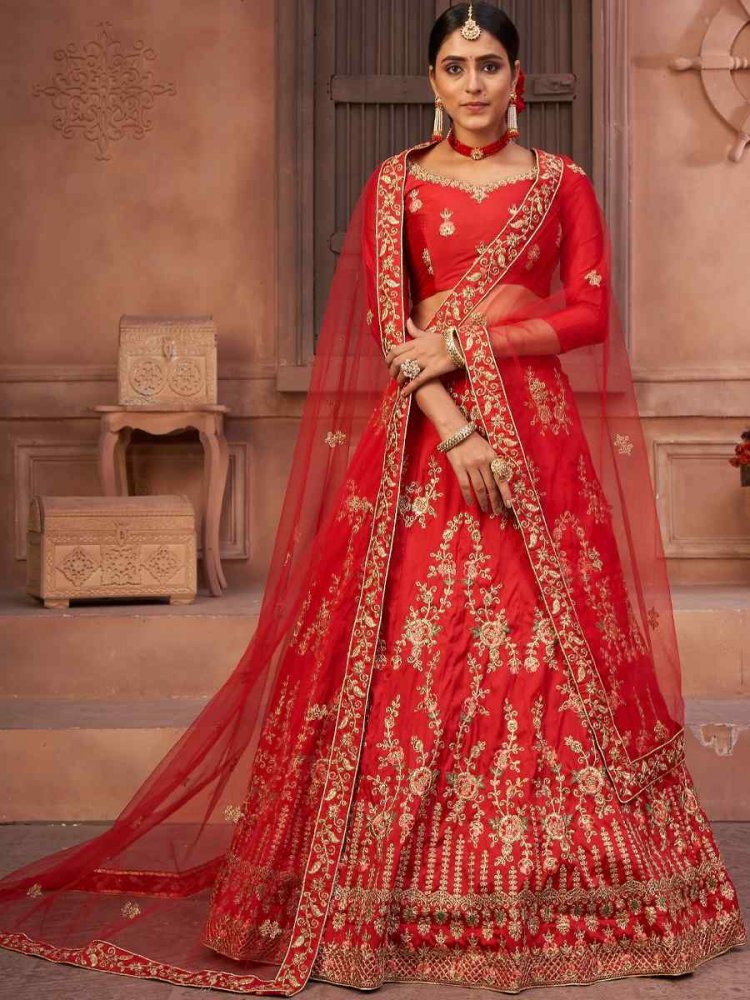 Red Taffeta Silk Embroidered Festival Party Wear Circular Lehenga Choli