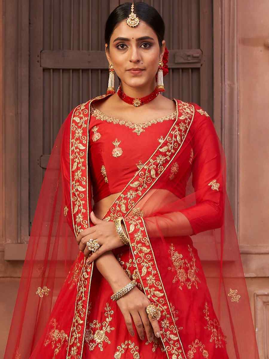 Red Taffeta Silk Embroidered Festival Party Wear Circular Lehenga Choli