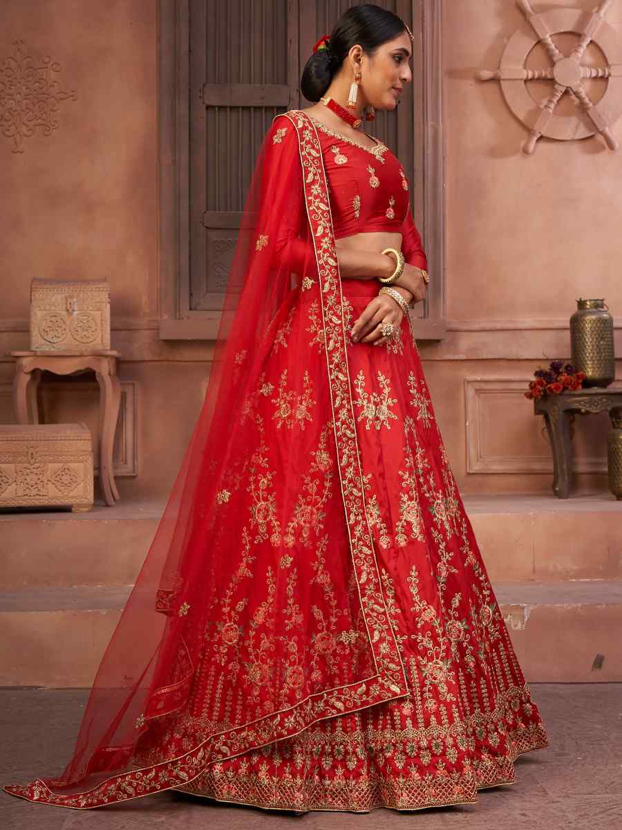 Red Taffeta Silk Embroidered Festival Party Wear Circular Lehenga Choli