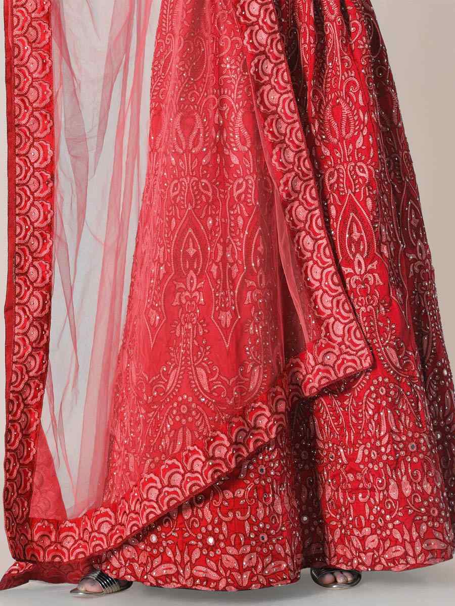 Red Taffeta Silk Embroidered Wedding Festival Heavy Border Lehenga Choli