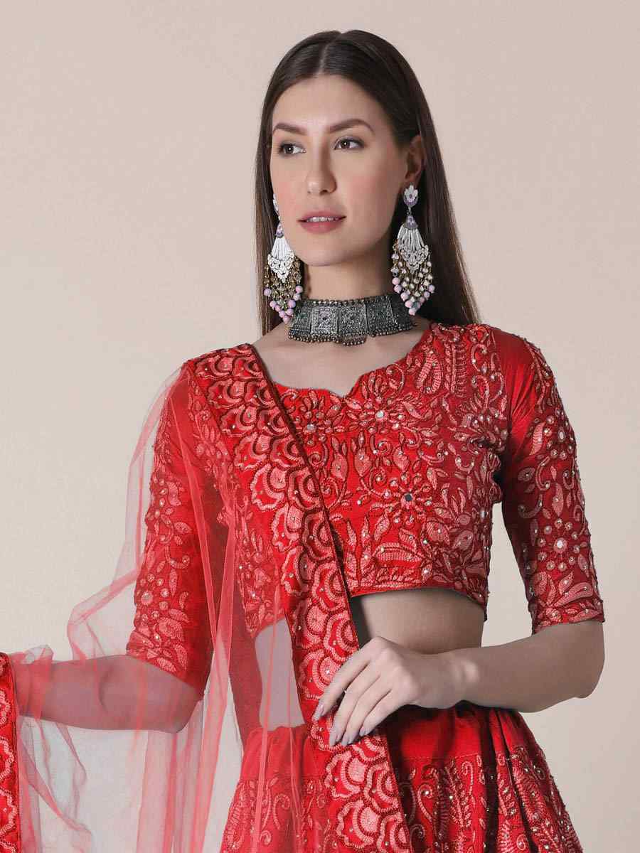 Red Taffeta Silk Embroidered Wedding Festival Heavy Border Lehenga Choli