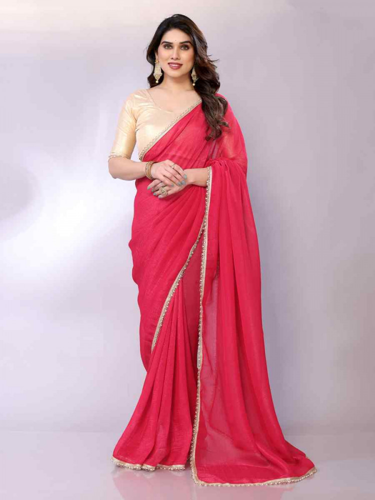 Red Tissue, Georgette Solid Festival Casual Classic Style Saree