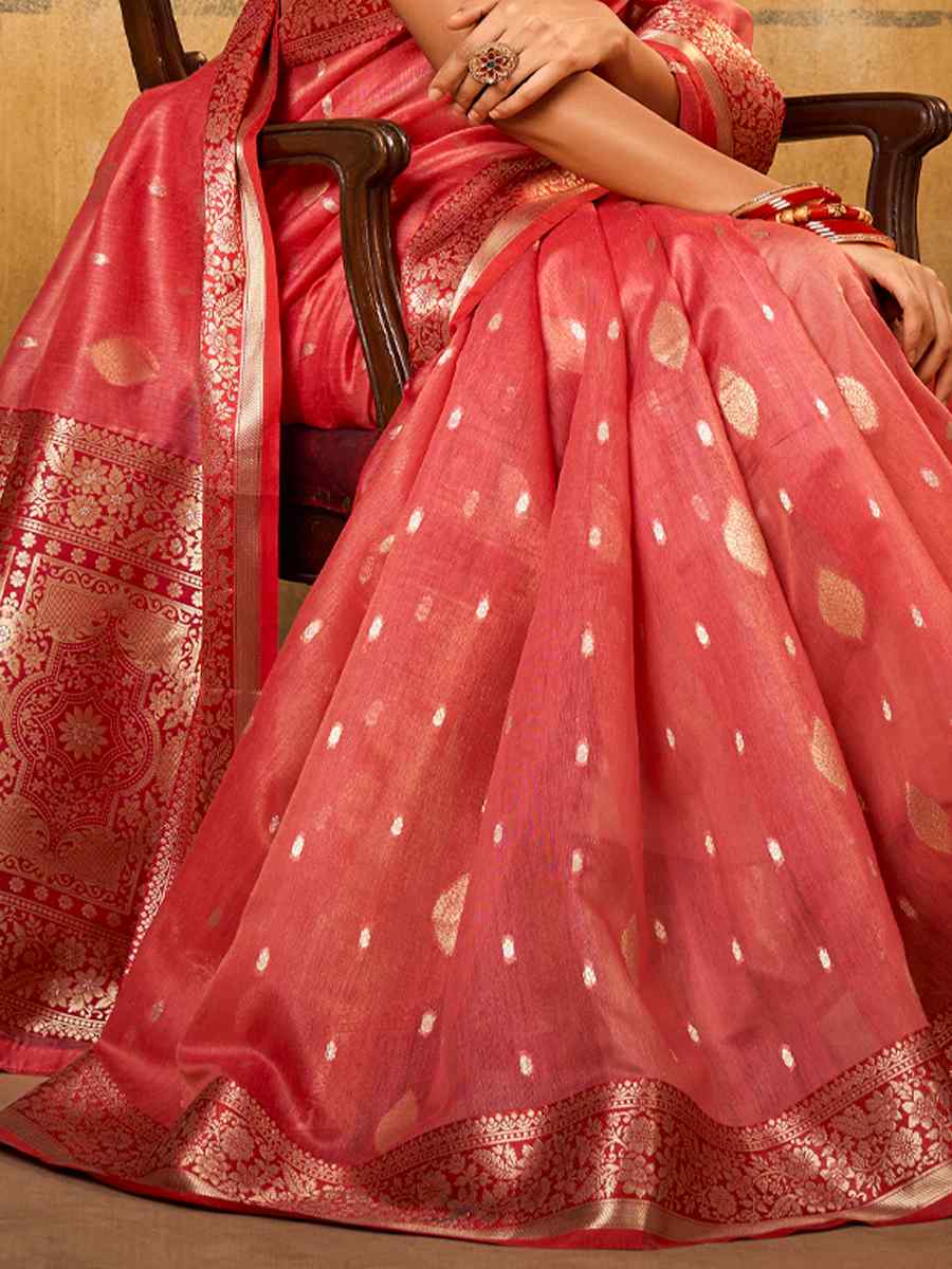 Red Tissue Handwoven Wedding Festival Heavy Border Saree