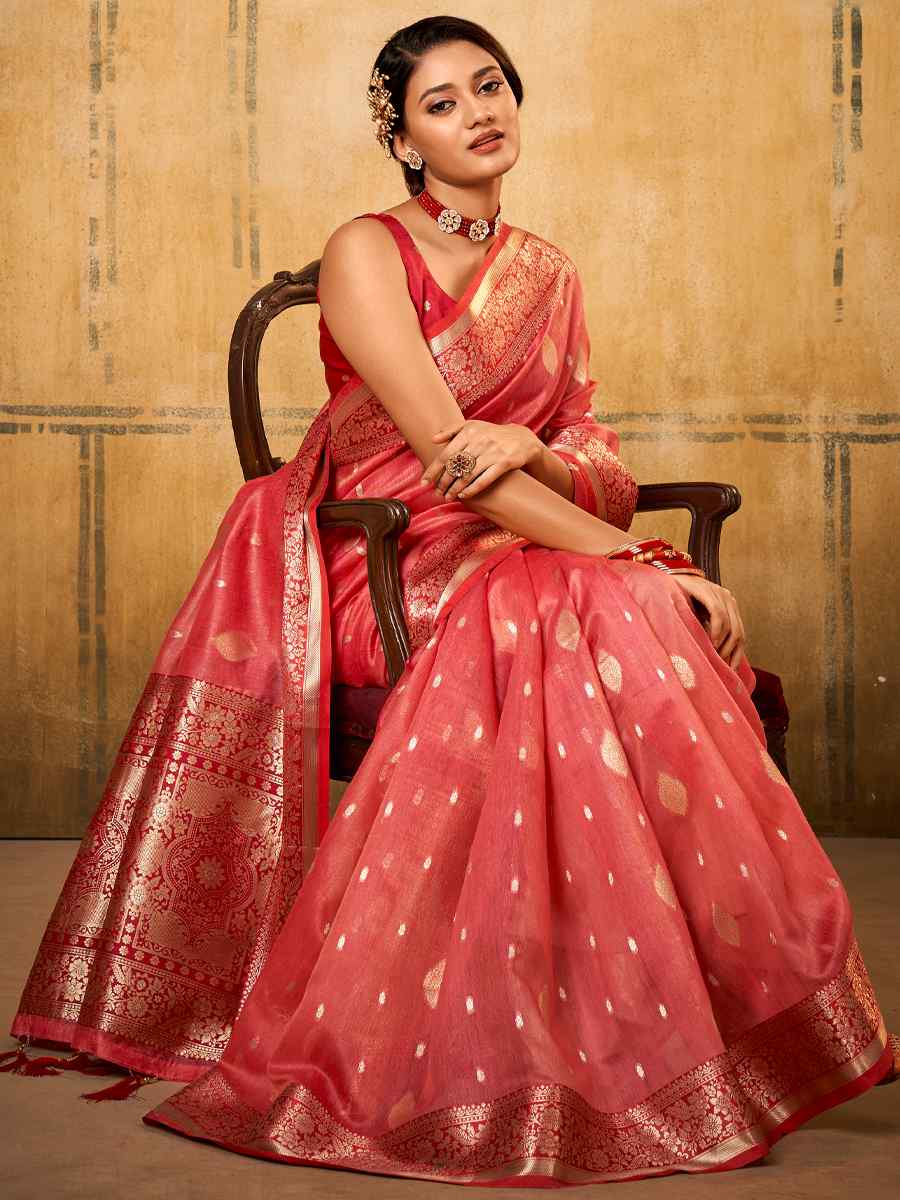 Red Tissue Handwoven Wedding Festival Heavy Border Saree