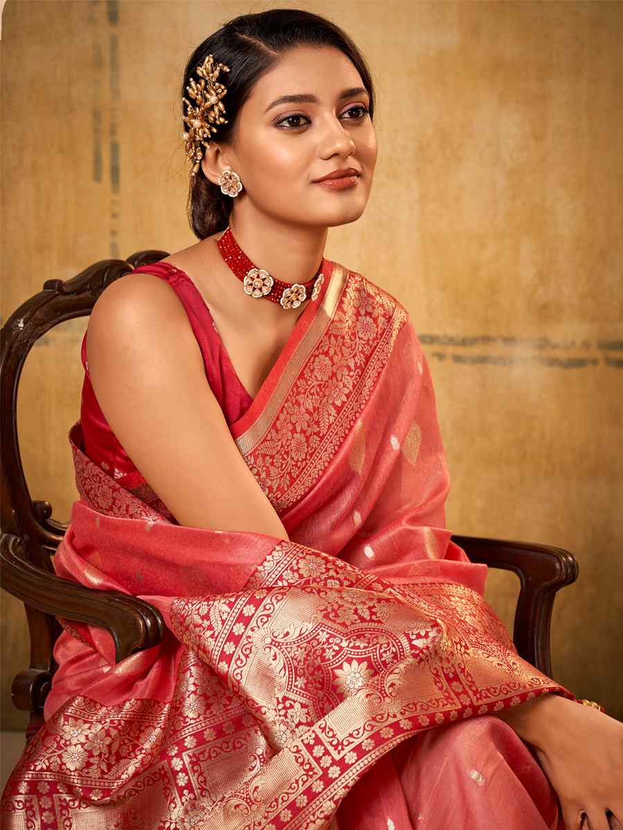 Red Tissue Handwoven Wedding Festival Heavy Border Saree