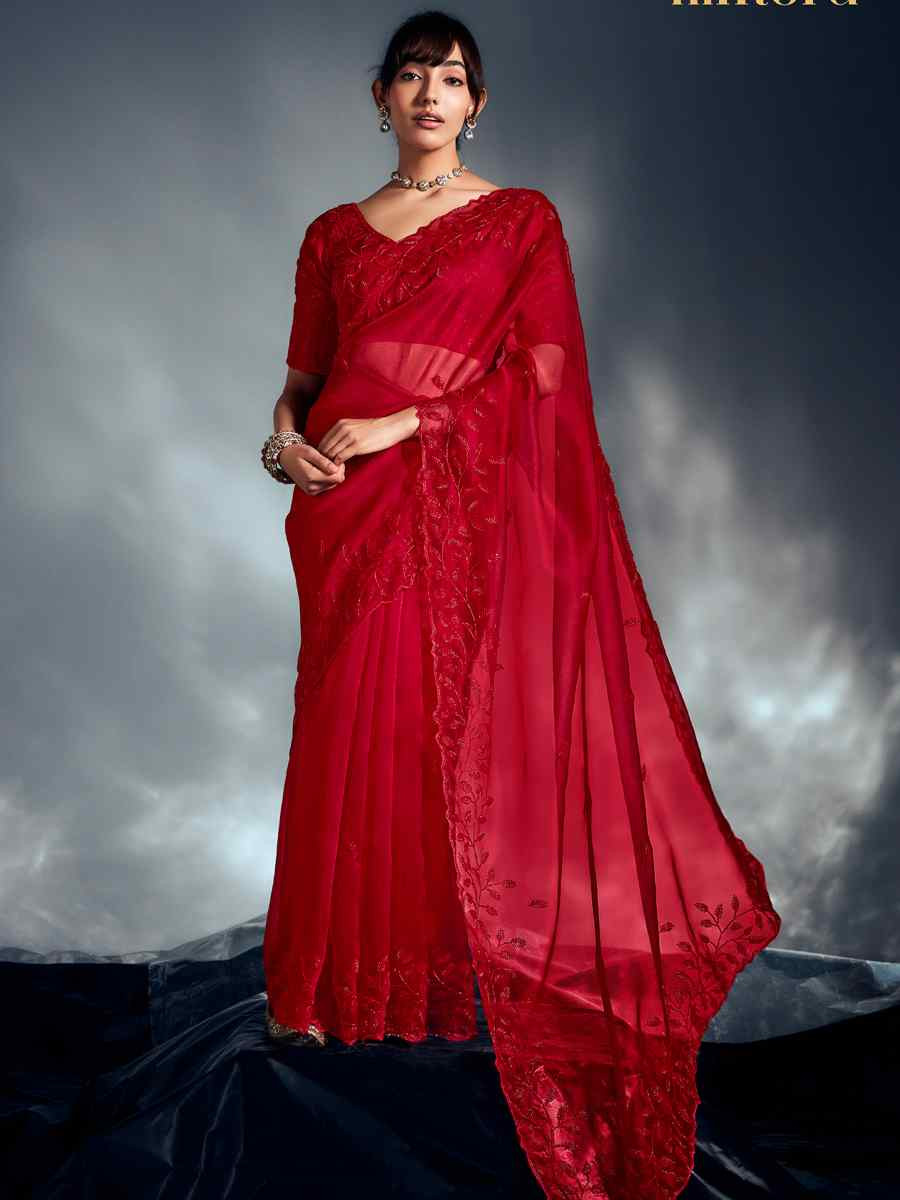 Red Tissue Organza Silk Embroidery Bridal Cocktail Party Reception Wedding Wear Heavy Border Sarees