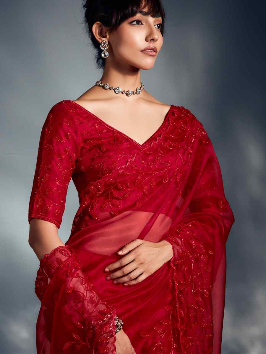 Red Tissue Organza Silk Embroidery Bridal Cocktail Party Reception Wedding Wear Heavy Border Sarees