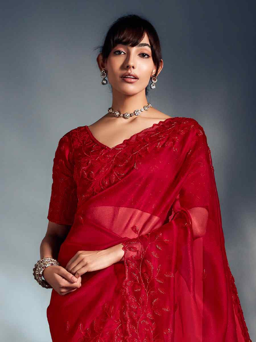 Red Tissue Organza Silk Embroidery Bridal Cocktail Party Reception Wedding Wear Heavy Border Sarees