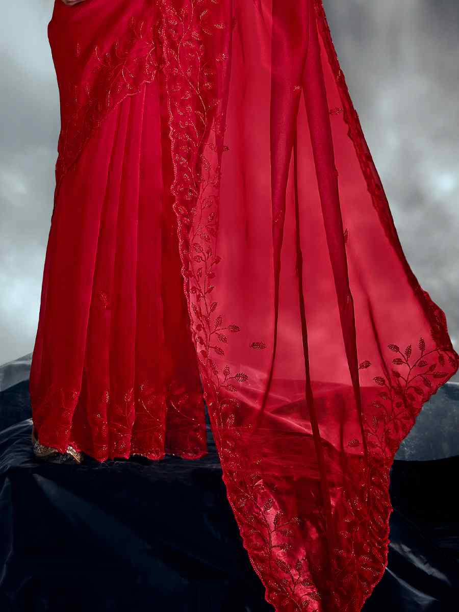 Red Tissue Organza Silk Embroidery Bridal Cocktail Party Reception Wedding Wear Heavy Border Sarees