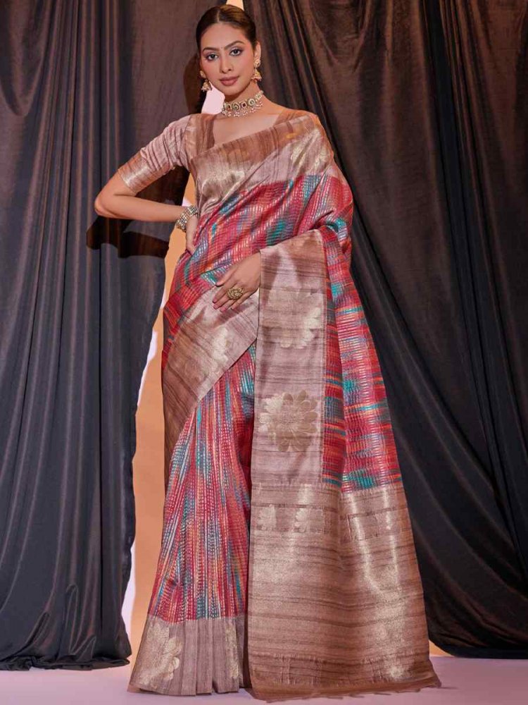 Red Tussar Silk Handwoven Casual Festival Classic Style Saree