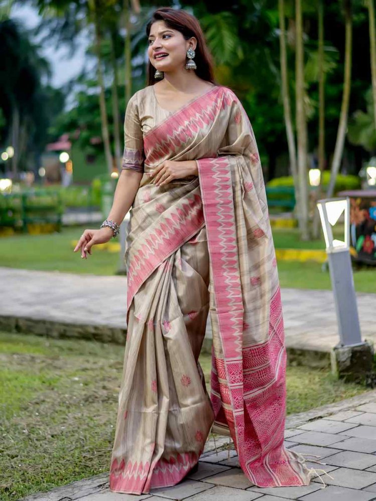 Red Tussar Silk Handwoven Casual Festival Classic Style Saree