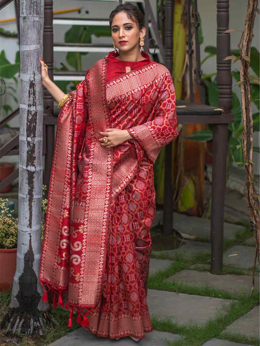 Red Tussar Silk Handwoven Party Festival Heavy Border Saree