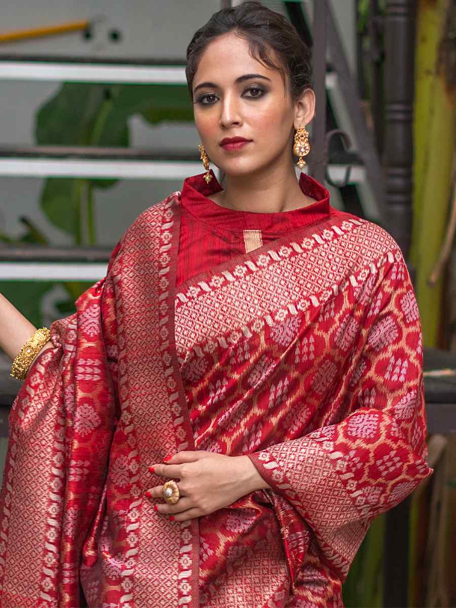 Red Tussar Silk Handwoven Party Festival Heavy Border Saree