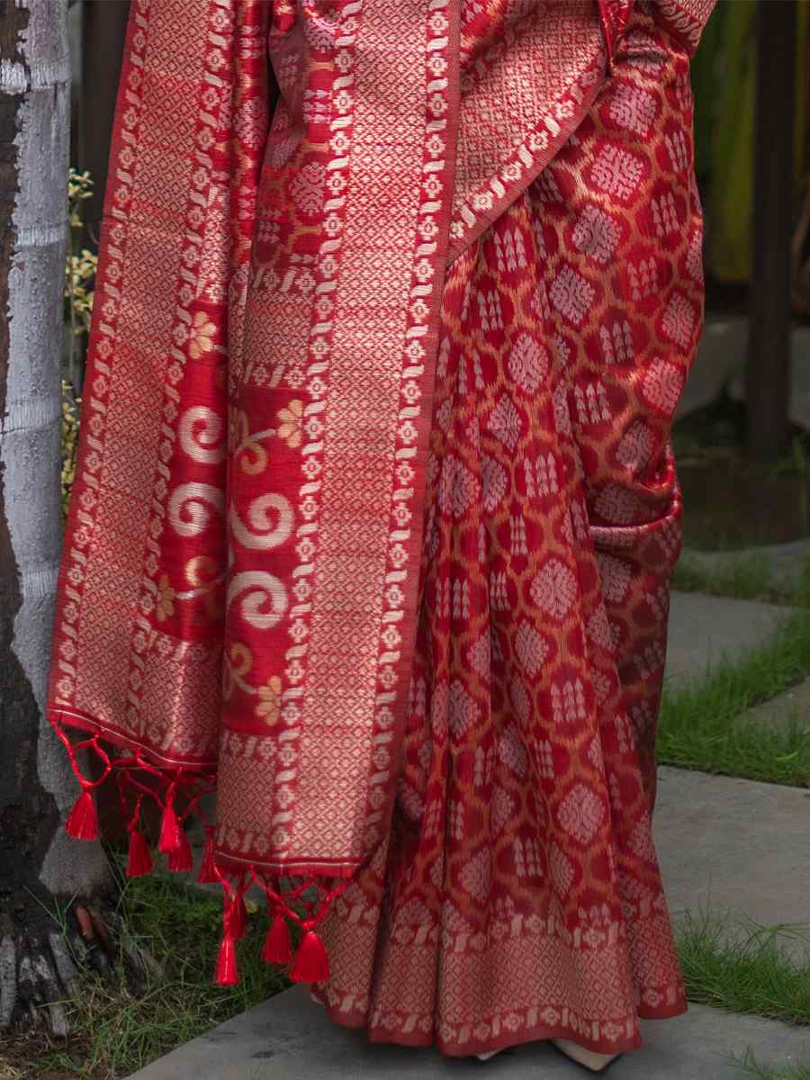 Red Tussar Silk Handwoven Party Festival Heavy Border Saree