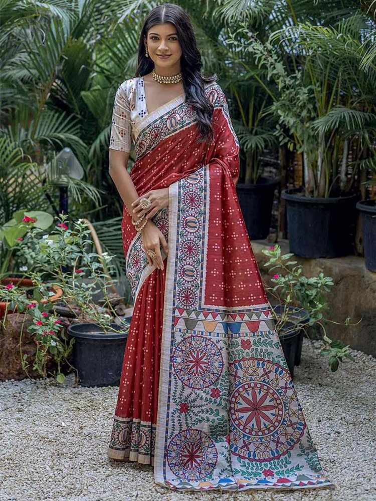 Red Tussar Silk Printed Casual Festival Contemporary Saree