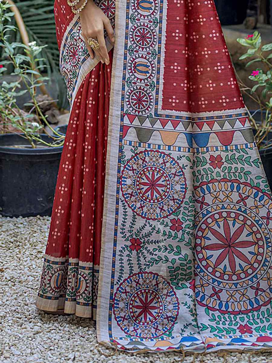 Red Tussar Silk Printed Casual Festival Contemporary Saree