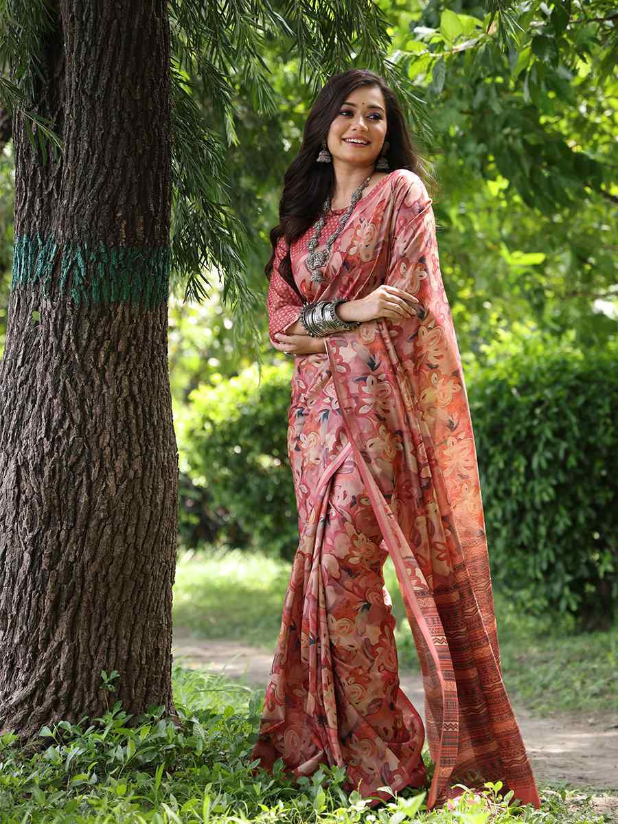 Red Tussar silk Printed Festival Wedding Classic Style Saree