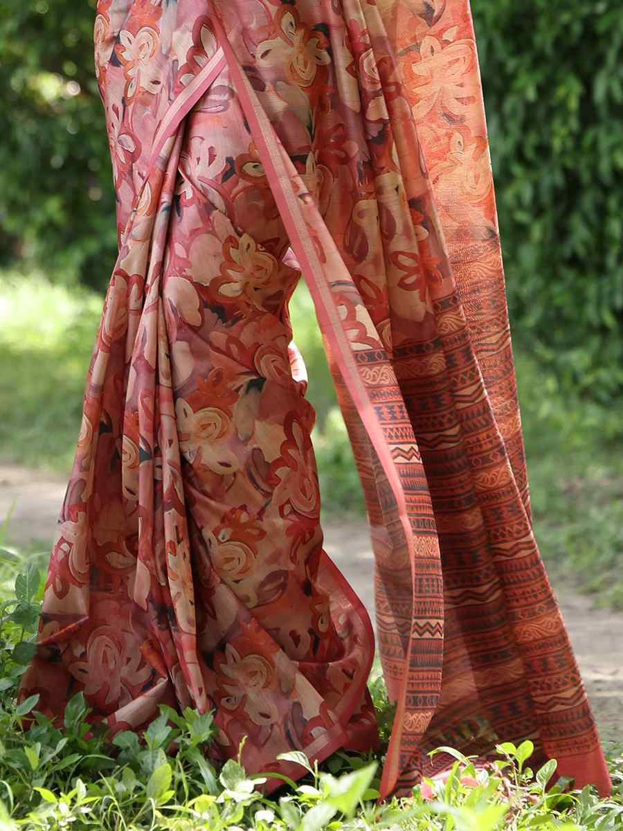 Red Tussar silk Printed Festival Wedding Classic Style Saree