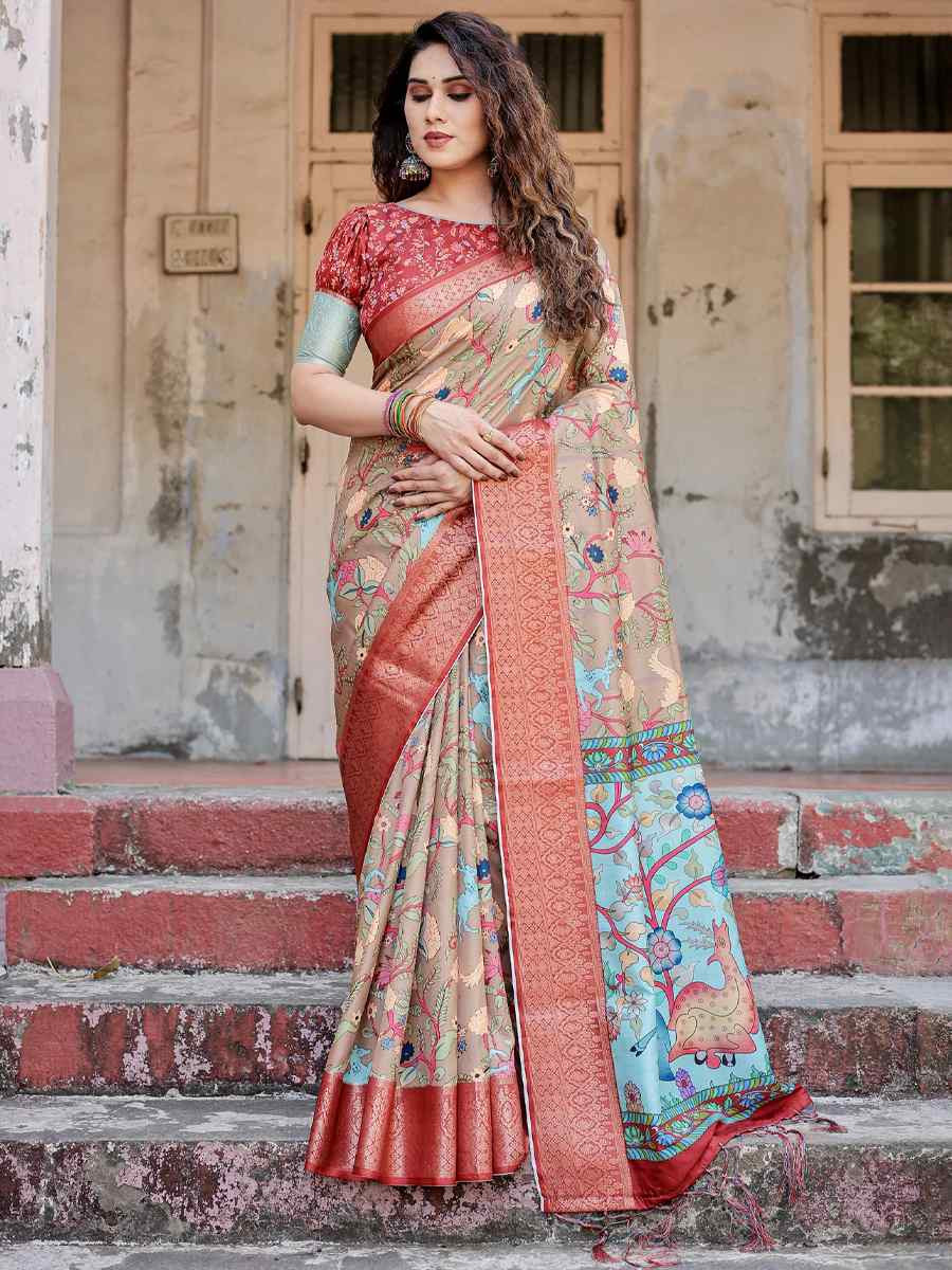 Red Tussar Silk Zari Handwoven Printed Casual Reception Festival Wedding Fancy Heavy Border Saree