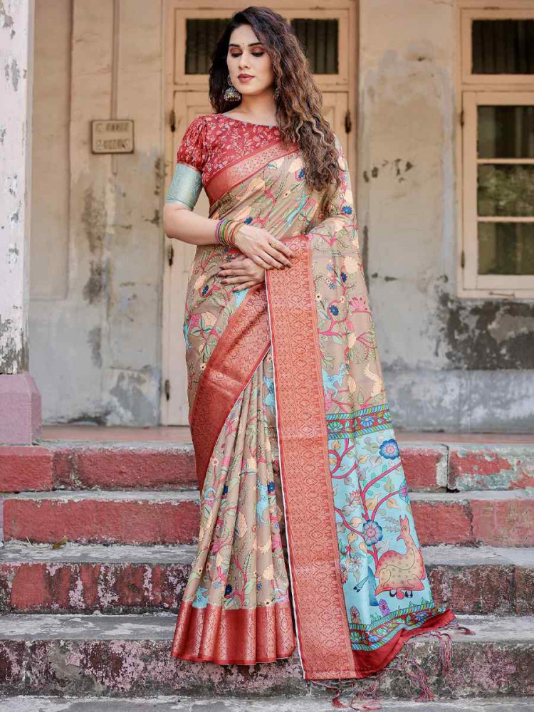 Image of Red Tussar Silk Zari Handwoven Printed Casual Reception Festival Wedding Fancy Heavy Border Saree