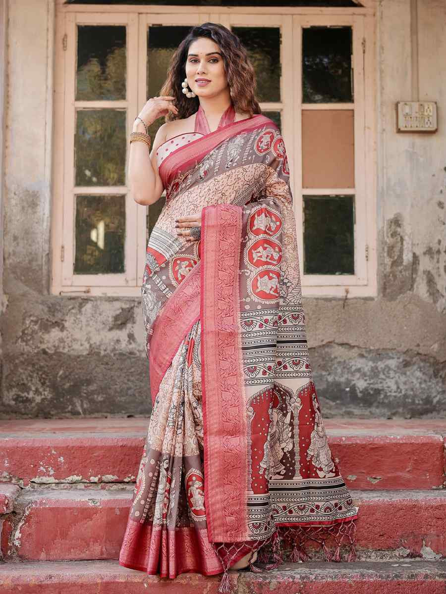 Red Tussar Silk Zari Handwoven Printed Casual Reception Festival Wedding Fancy Heavy Border Saree