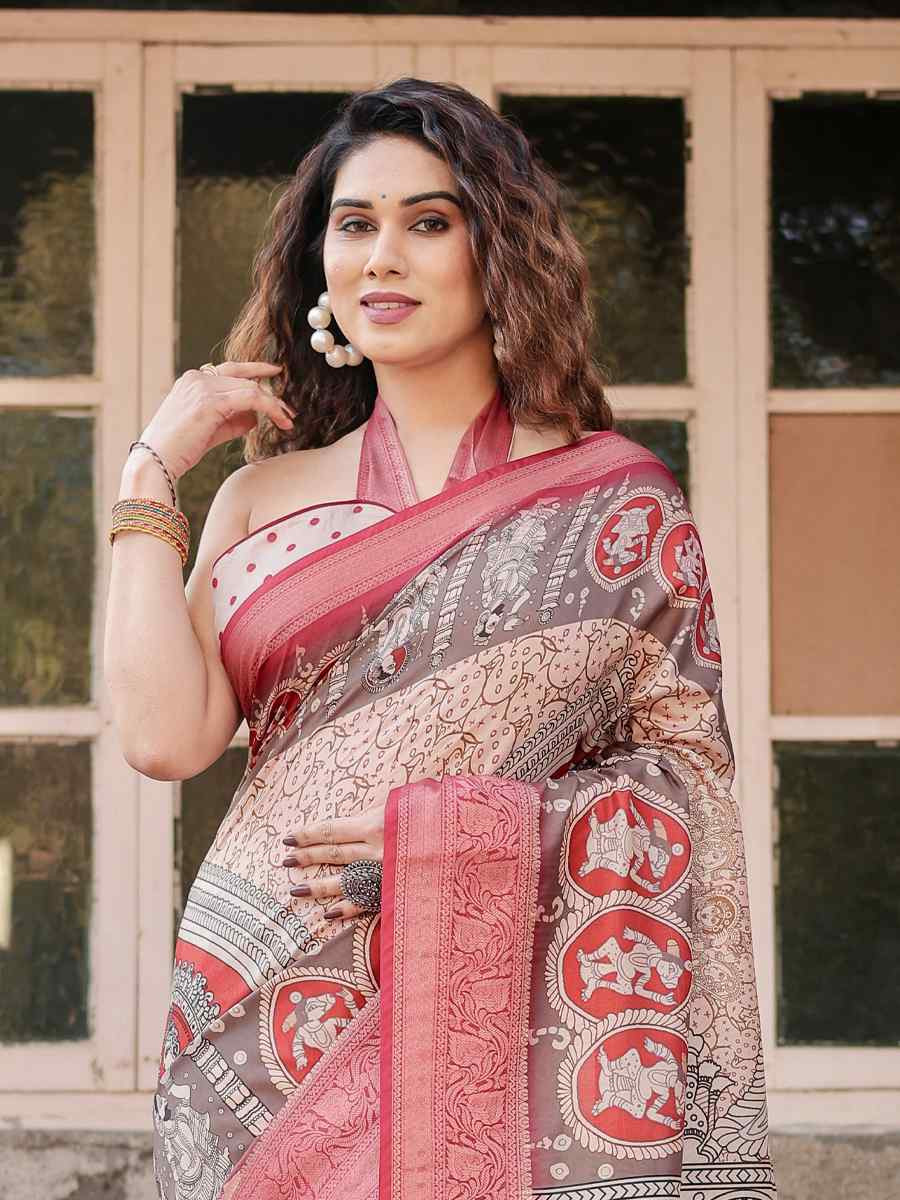 Red Tussar Silk Zari Handwoven Printed Casual Reception Festival Wedding Fancy Heavy Border Saree
