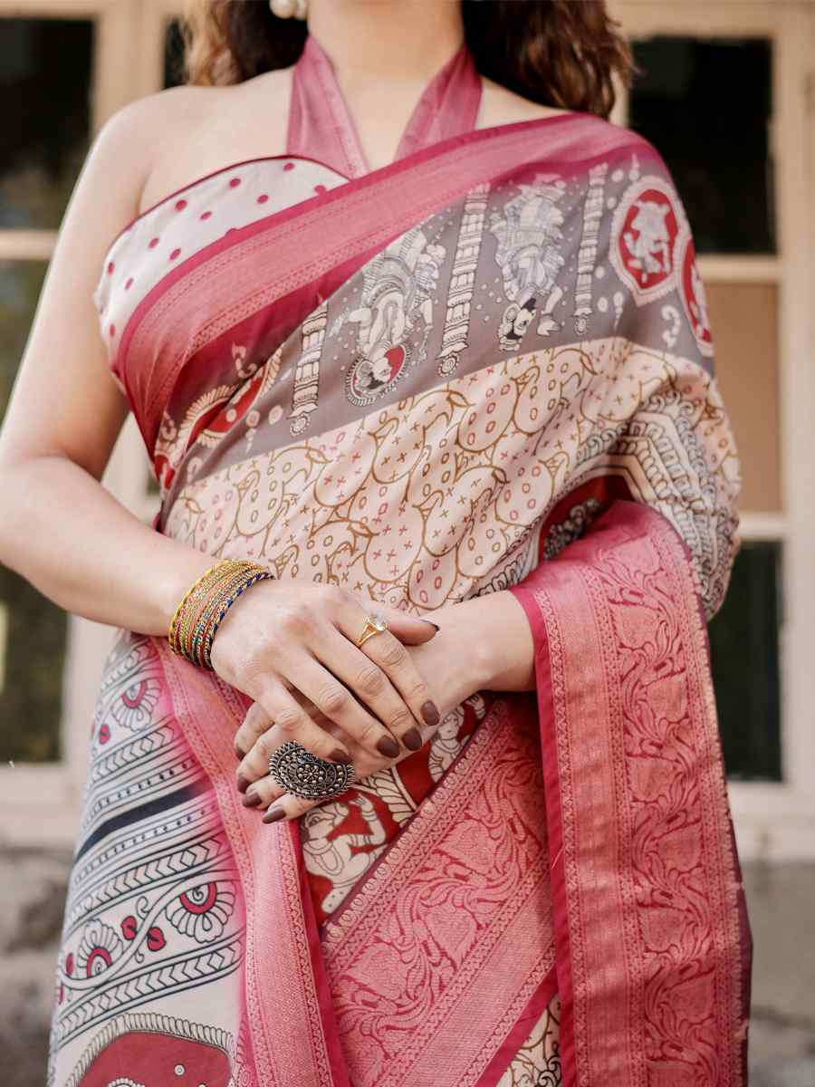 Red Tussar Silk Zari Handwoven Printed Casual Reception Festival Wedding Fancy Heavy Border Saree