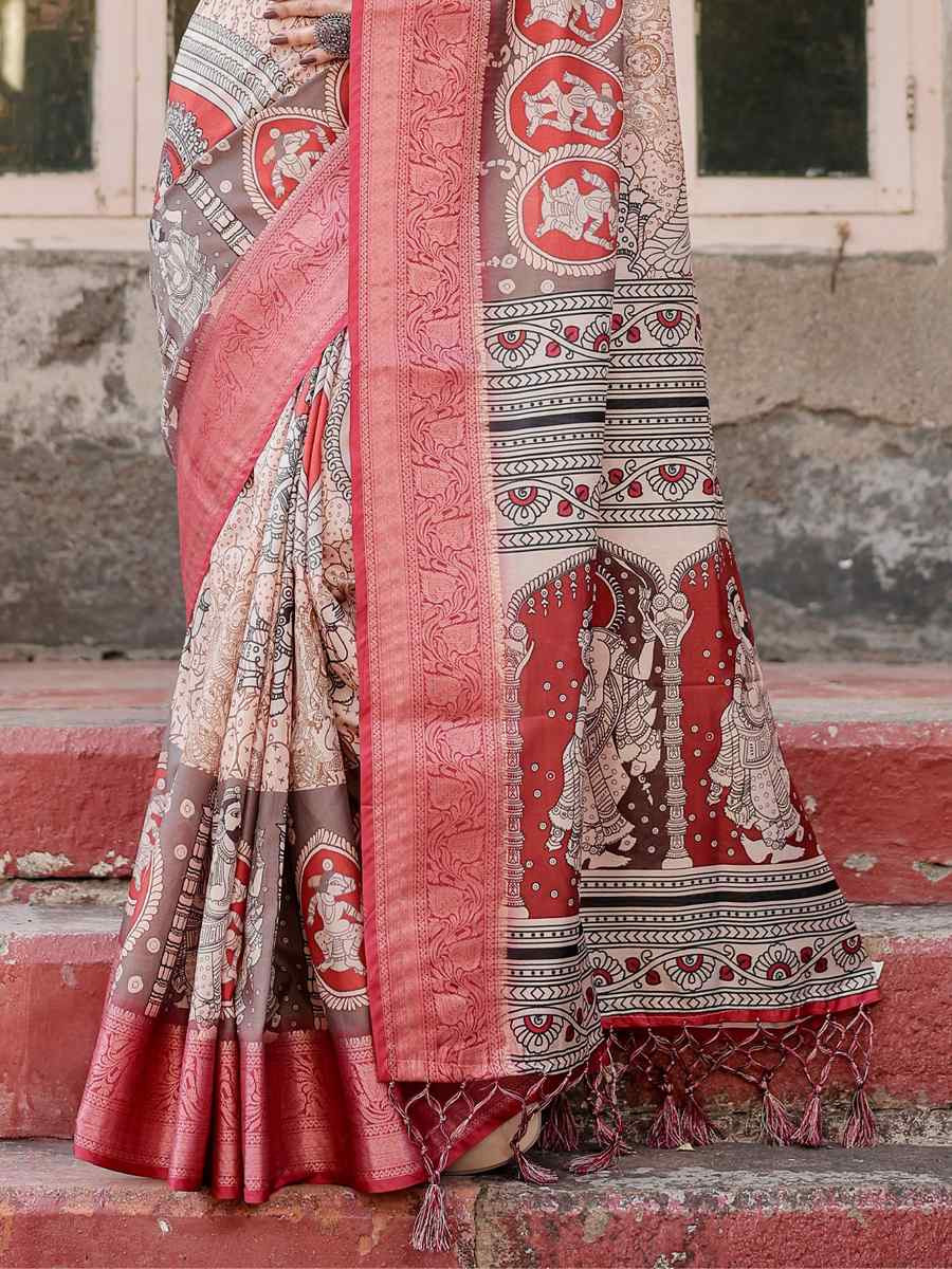 Red Tussar Silk Zari Handwoven Printed Casual Reception Festival Wedding Fancy Heavy Border Saree