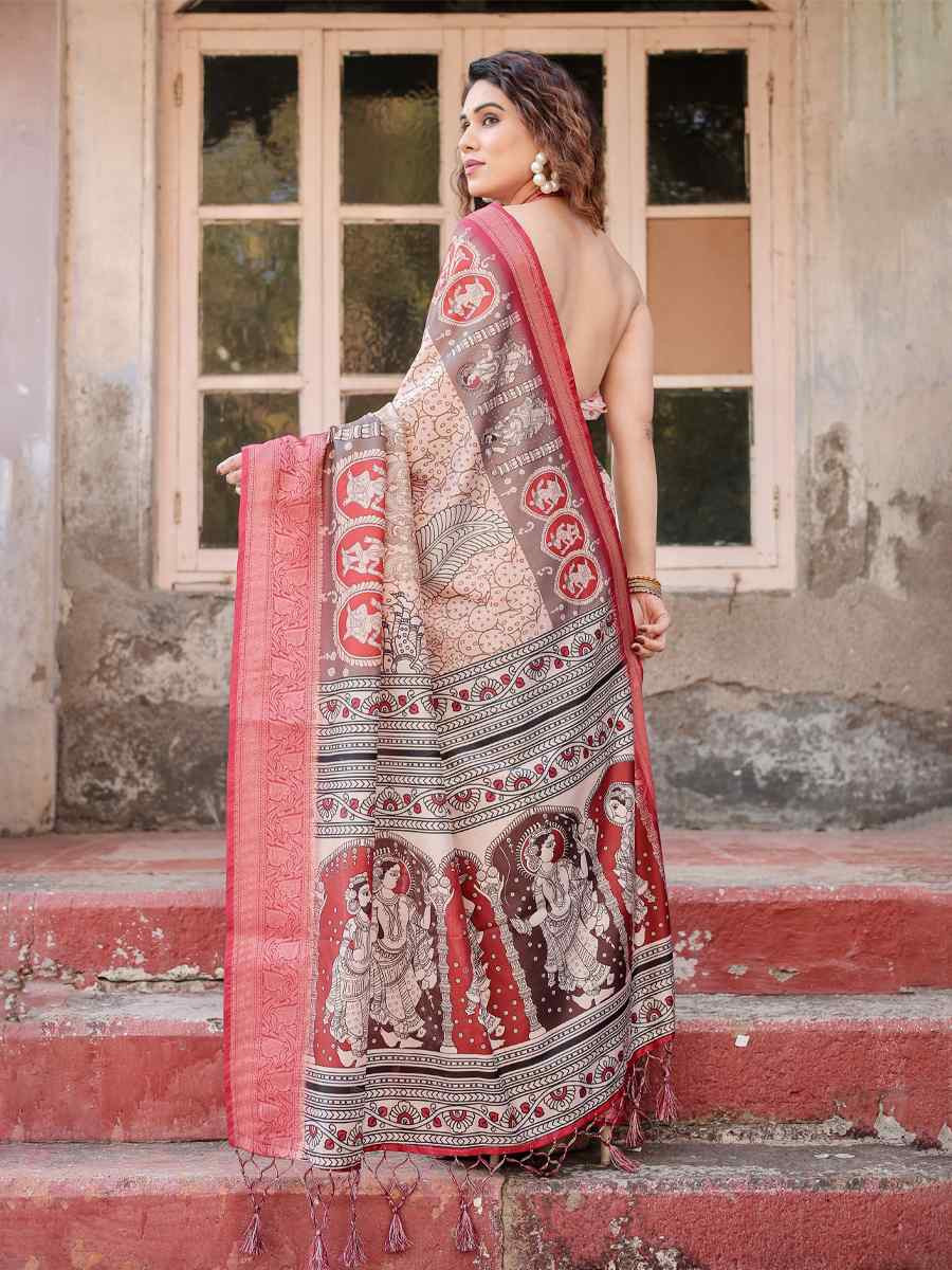 Red Tussar Silk Zari Handwoven Printed Casual Reception Festival Wedding Fancy Heavy Border Saree