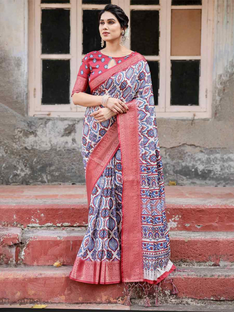 Image of Red Tussar Silk Zari Handwoven Printed Casual Reception Festival Wedding Fancy Heavy Border Saree